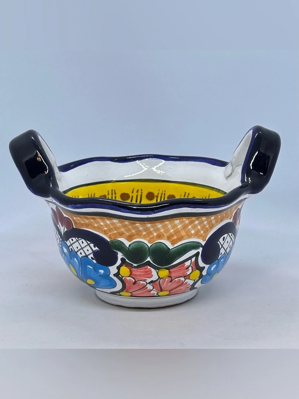 Small Mexican Talavera 6.25” Handled Bowl Cancun Souvenir Pue Mex Puebla Mexico